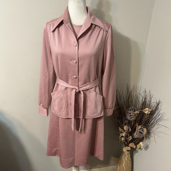 Vtg 60’s 2pc Edith Flagg California Pink A-line Midi Dress & Jacket Belted Sz L - Picture 1 of 13